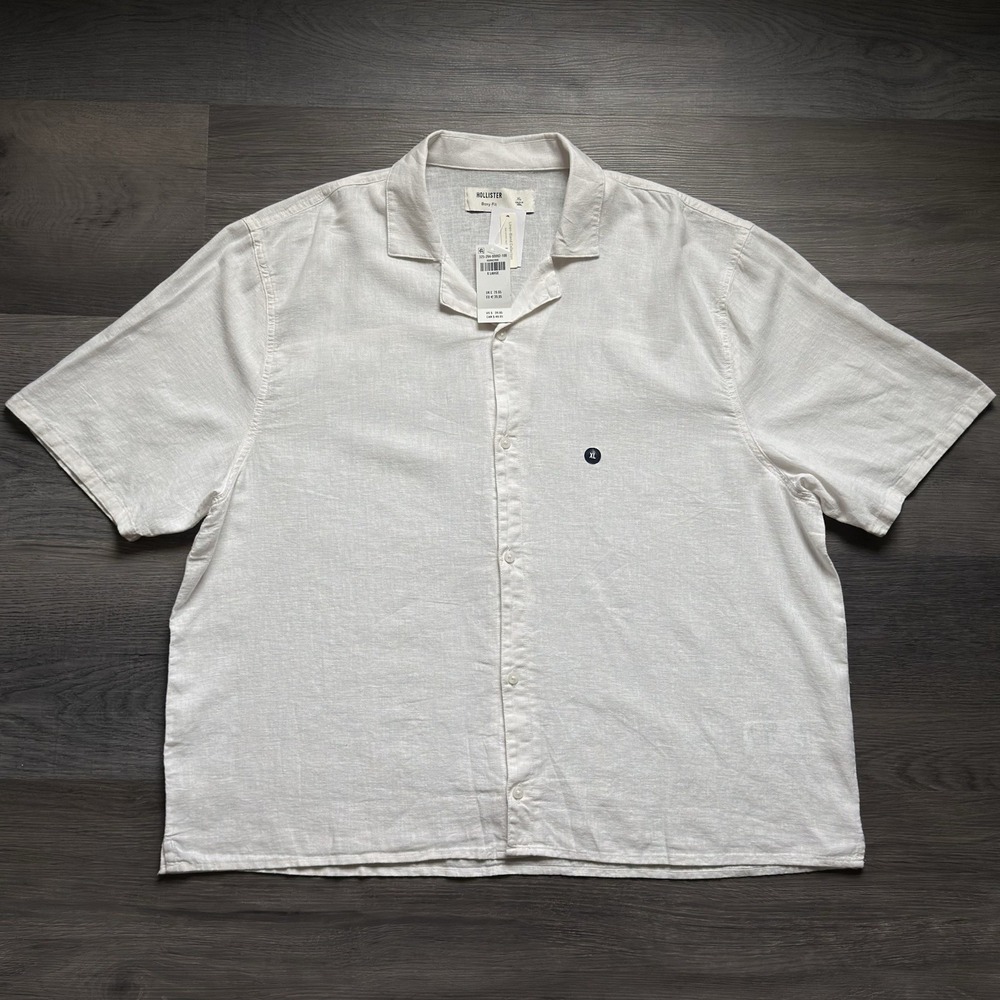 New Hollister Linen Blend Button Up Shirt Mens XL White Boxy Fit Short Sleeve